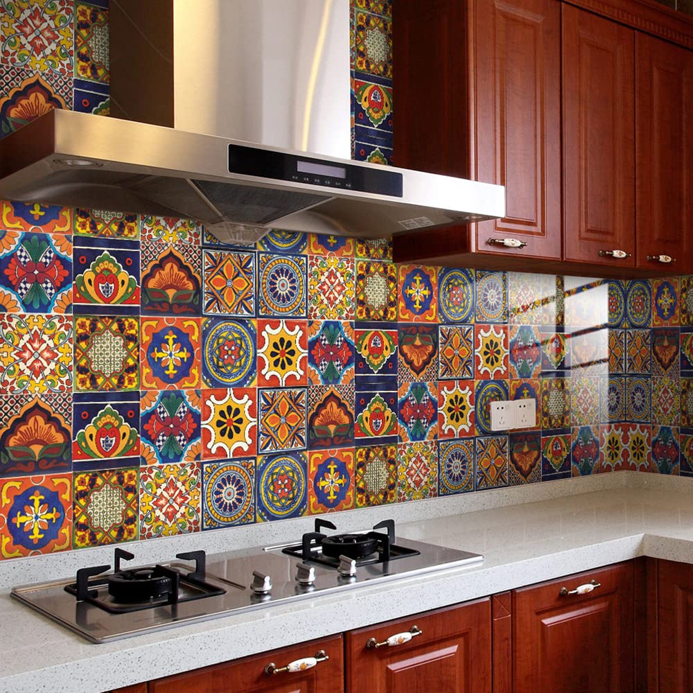 20 Pcs 4"×4" Tile Stickers Peel and Stick, Self Adhesive Waterproof Removable Mandala Style Tiles Backsplash for Kitchen Bathroom Furniture Staircase DIY Home Decor (4"×4", TS295)