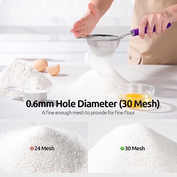 U-Taste 10 Piece Measuring Cups and Spoons Set in 18/8 Stainless Steel, and 18/8 Stainless Steel 3.9 inch 30 Mesh Strainer (Purple)