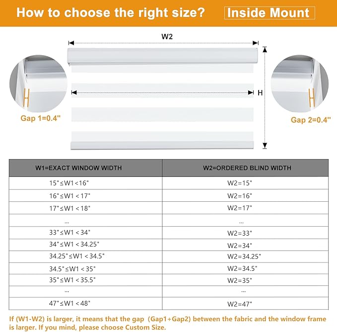 Persilux Cordless Zebra Blinds for Windows Free-Stop Roller Shades for Windows (15" W x 47" H, White) Dual Layer Room Darkening Roller Blinds for Home, Office and Kitchen