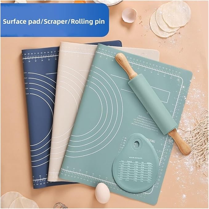 Silicone Measuring Kneading Pad Set Household Rolling Pin Dough Large Thick Non-slip Non-stick Bottom Baking Tool(Rolling pin blue)