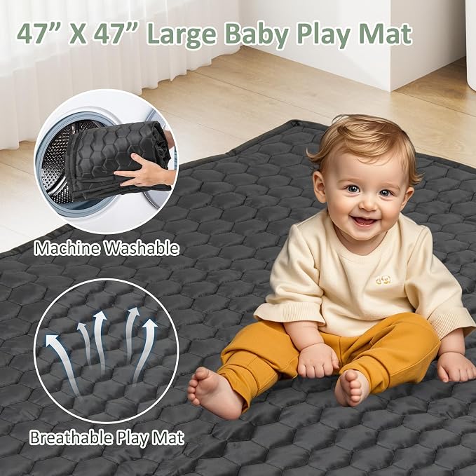 INFANS Foldable Baby Playpen with Mat, 50” x 50” Large Baby Play Yard for Infant with 50 Ocean Balls, 4 Handlers, Carry Bag, Indoor Outdoor Fence Toddler Activity Center (Black, 50” x 50”)