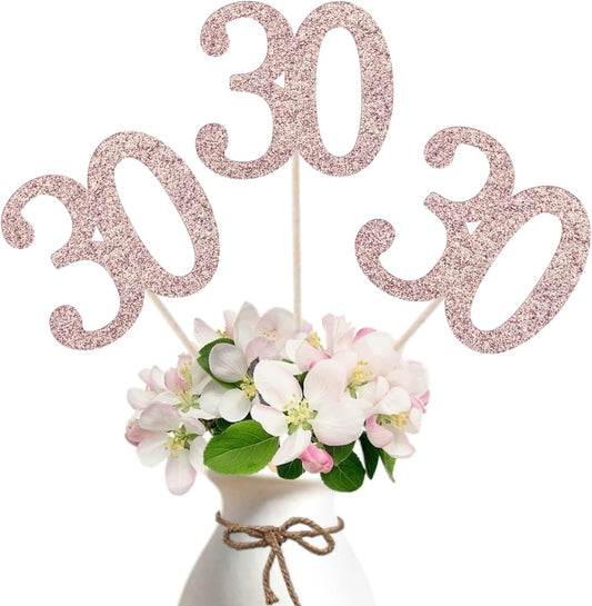 10-Pack Double Sided Glitter 30th Birthday Centerpiece Anniversary Centerpiece Sticks, Number 30 Table Topper Cake Topper for 30th Birthday Anniversary Table Party Decorations (Double Sided rose gold)