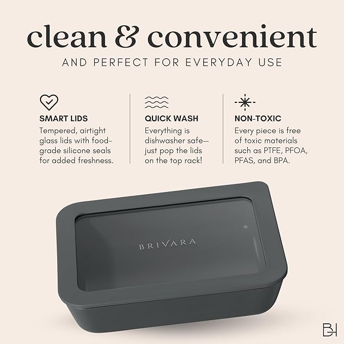 Ceramic Coated Glass Food Storage Container | No PTFE, PFOA, PFAS, and BPA | Reusable Non Toxic Meal Prep Container with Glass Lid | Easy To Store | 8 Cup Square [Onyx]