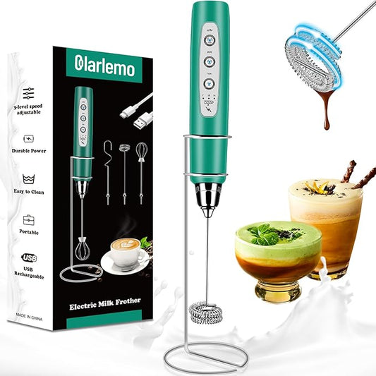 Colarlemo Milk Frother Handheld Rechargeable with Stand, Frother Wand Drink Mixer Electric Whisk for Coffee, Detachable With 3 Stainless Whisks, Hand Mixer for Lattes, Cappuccino, Matcha, Egg, Green