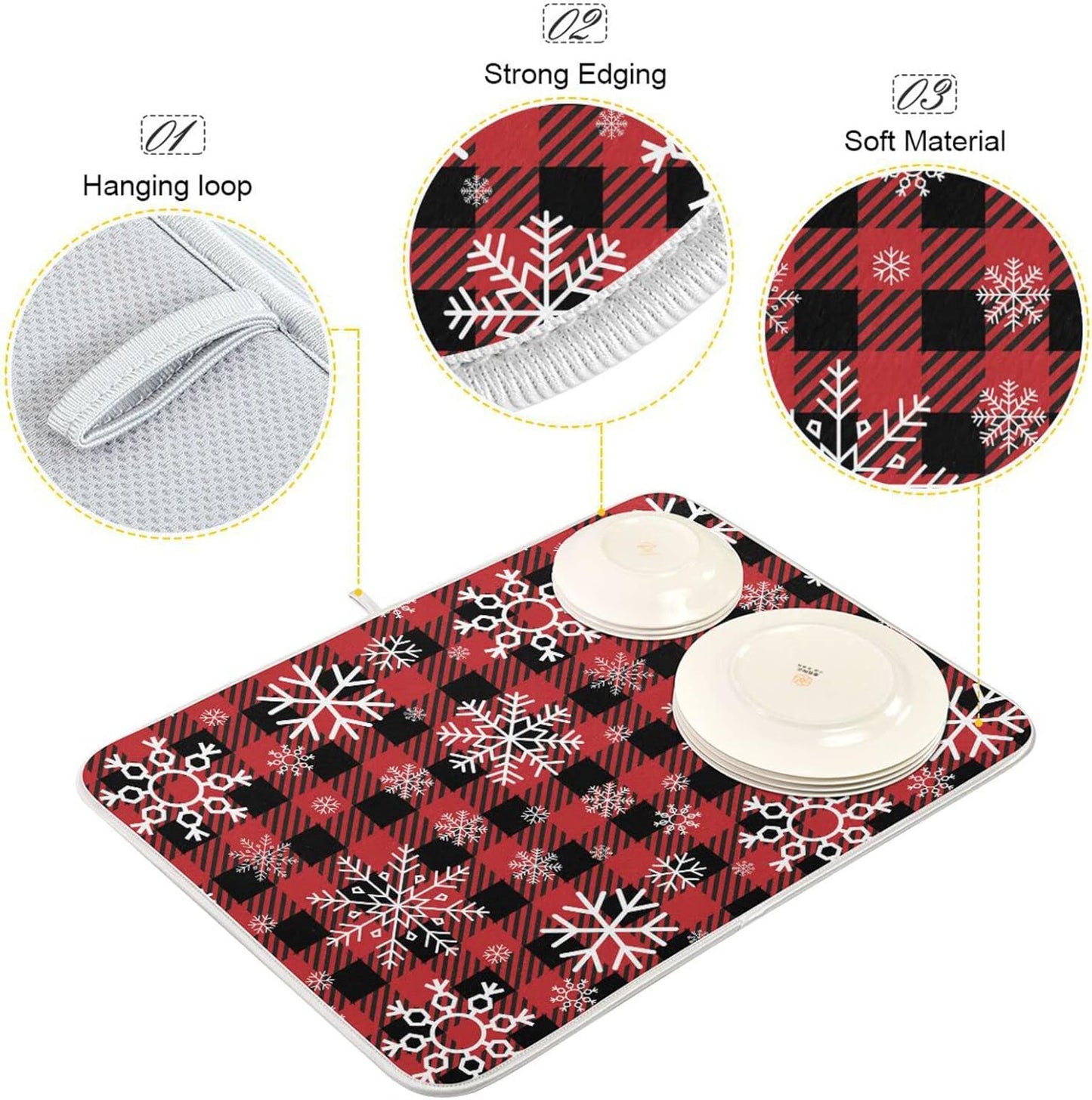 Snowflake Buffalo Plaid Dish Drying Mat for Kitchen Counter Christmas Absorbent Microfiber Drying Pad, Medium 16x18 in, Reversible Drainer Mats