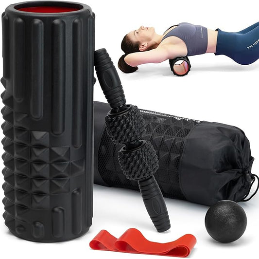 5 in 1 Foam Roller Set, Trigger Point Back Roller, Muscle Roller Stick, Massage Ball, Massage Roller, Resistance Band for Deep Tissue Massage Fitness Exercise Yoga Pilates(Black)