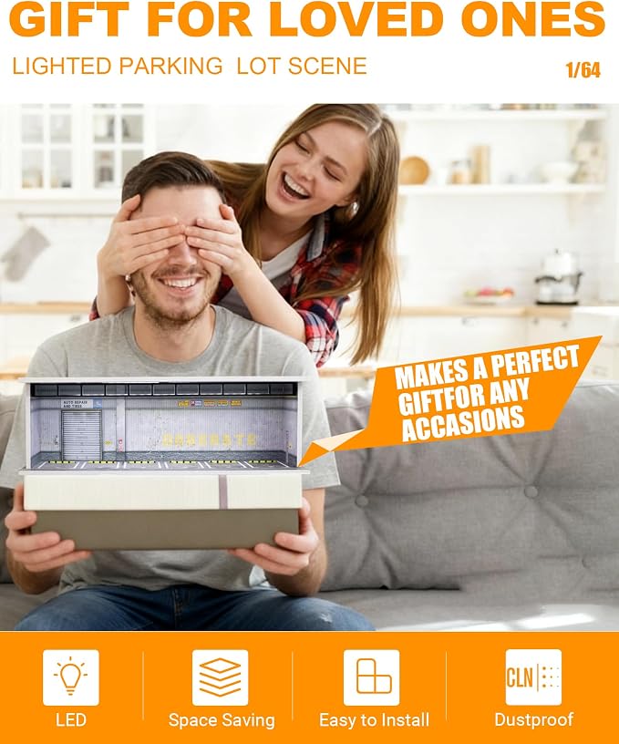 1/64 Scale Display Case Car Garage Moldel, Acrylic Cover Diecast Car Show Case with LED Light 6 Parking Spaces, Hot diecast Wheel Parking Scene (Vehicles Not Included) Red Brick Wall
