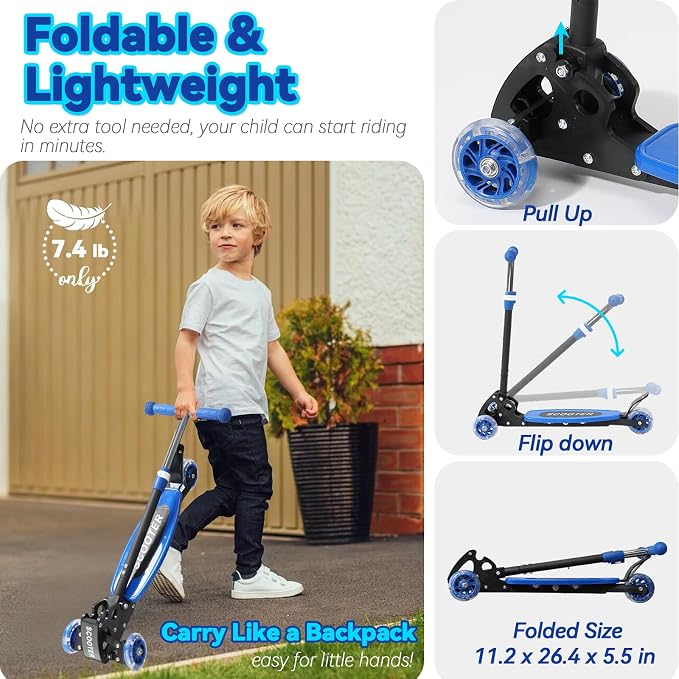 Scooter for Kids 3-12, Kid Scooters with Extra-Wide Deck, 165 lbs Capacity, 3 Wheel Kick Scooter with Lean to Steer, Height Adjustable Handlebar, Light Up Wheels for Stable Smooth Riding, Child Gift