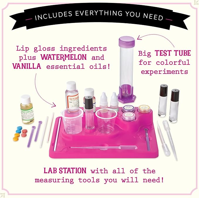 MindWare Science Academy Lava Lip Gloss Lab - 33 Piece Lip Gloss Making Kit - Make 3 DIY Lip Glosses