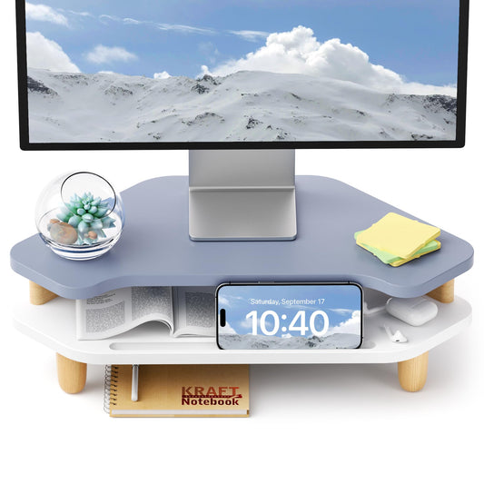 AFOOYO Monitor Stand Riser,2 Tier Corner Wood Monitor Stand Sturdy Computer Stand Multi-Purpose Desktop Storage Stand for Laptop,PC,iMac,Printer,Computer,Blue
