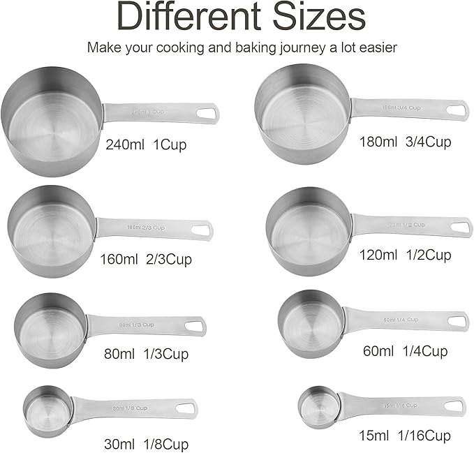 Measuring Cups and Spoons Set, 18/8 Stainless Steel 8 Measuring Cups and 9 Measuring Spoons with Leveler and Measurement Enquivalents, Kitchen and Baking Measure Cups Spoons Set of 19