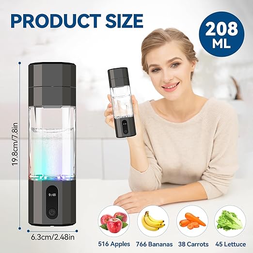 Hydrogen Water Bottle Generator, Portable Rechargeable Ionizer Machine with SPE/PEM Technology, Certified H2 Athletic Hydration, Health Care Gift for Family/Friends/Husband/Wife (Black, 208ml)