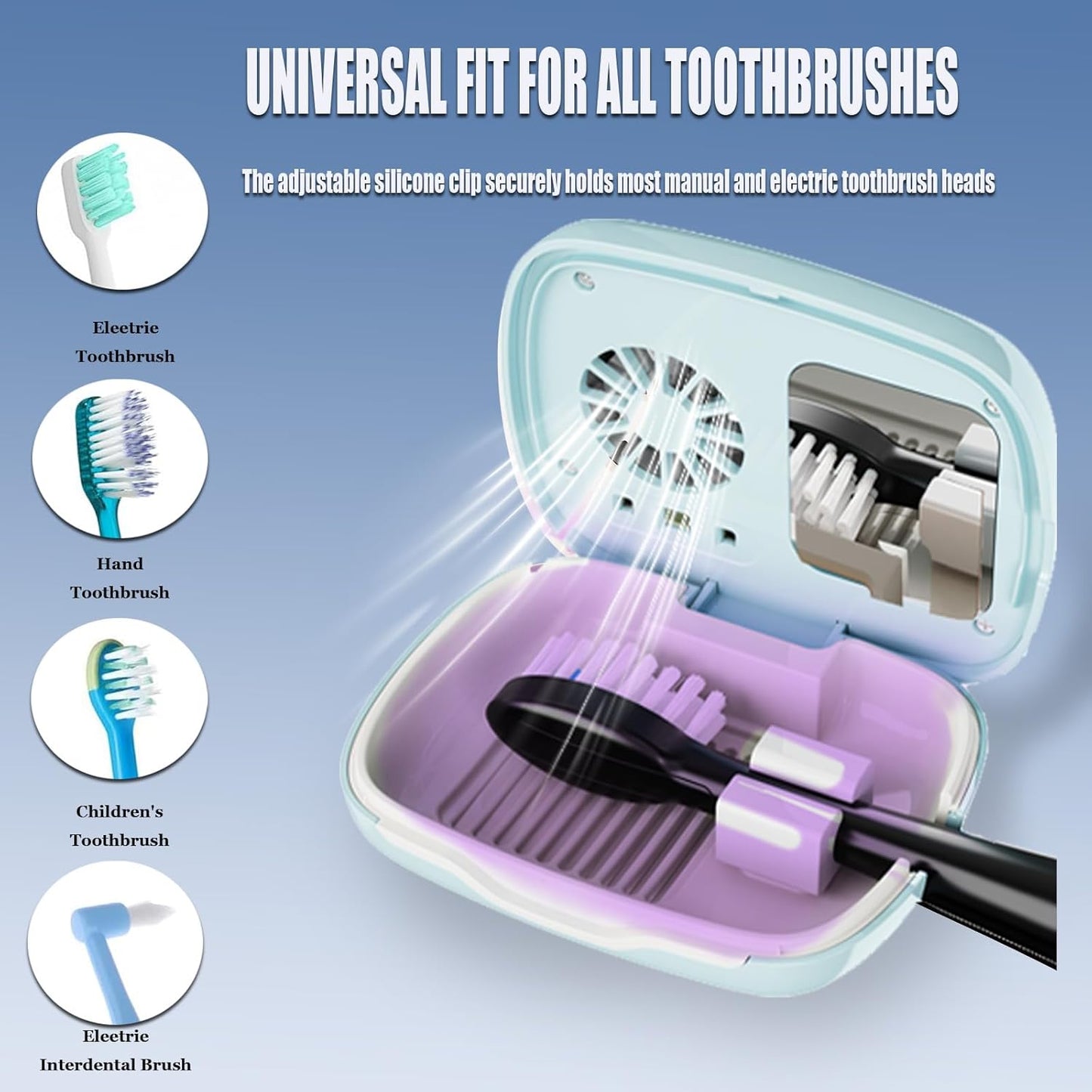 UV-C Toothbrush Sanitizer Cover Case and Holder Electric Travel Toothbrush Cover with Holder for Any Toothbrush Head Rechargeable Toothbrush Travel Case Blue