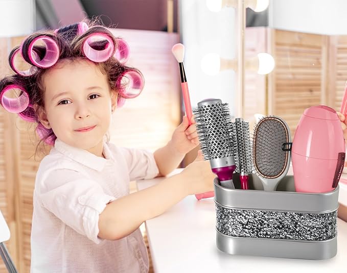 Creative Scents Crackled Glass Silver Toothbrush and Toothpaste Holder for Bathroom - Decorative Bathroom Counter Electric Toothbrush Organizer, 3 Slot, Makeup Brush Holder