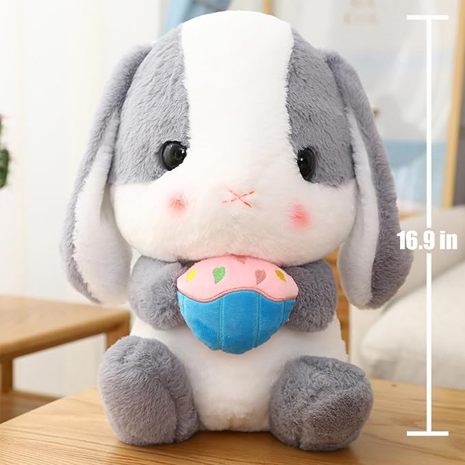 HOUPU Soft Toy - Sitting Lop Eared Rabbit, Easter White Rabbit Stuffed Bunny Animal with Carrot Soft Lovely Realistic Long-Eared Standing Pink Plush Toys (Ash White-Cake,16.9in/43cm)