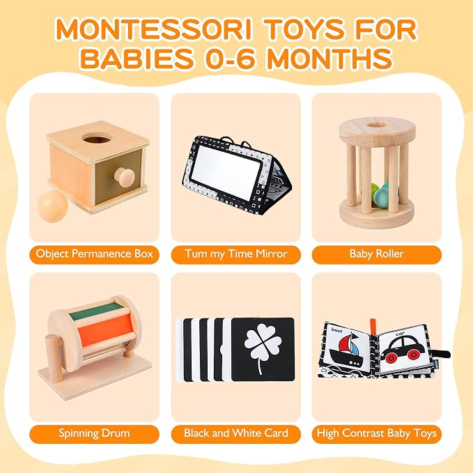 Montessori Toys for Babies 0-6 Months, 6 in 1 Learning Educational Set for Newborn, Toddlers Gifts Includes Spinning Drum, Object Permanence Box, Baby Roller Tummy Time Mirror and More