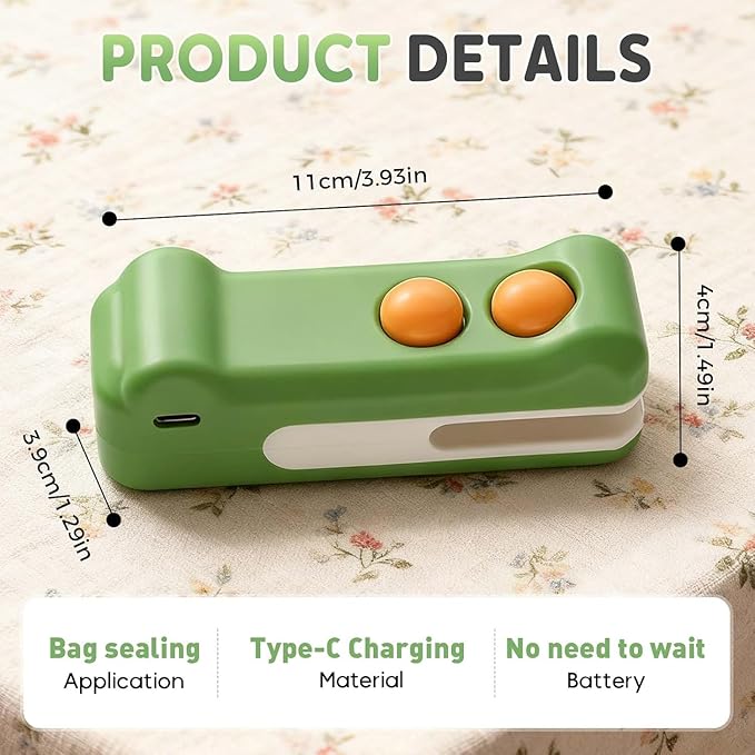 2-in-1 Mini Bag Sealer and Cutter, Rechargeable Handheld Food Storage Sealer with Magnet, Portable Crocodile Design for Chips and Snacks, Kitchen Storage Solution (Green)