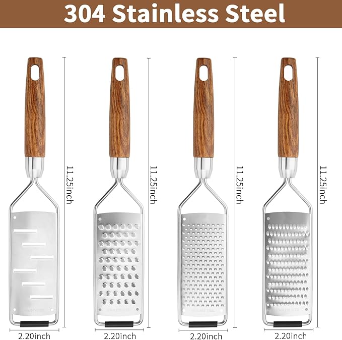 Professional Cheese Grater Stainless Steel,Multi-Purpose Grater With Wood Handle for Cheese, Ginger, Lemon, Garlic, Nutmeg,Fruits,Chocolate & Spices-Wideboard (Round)