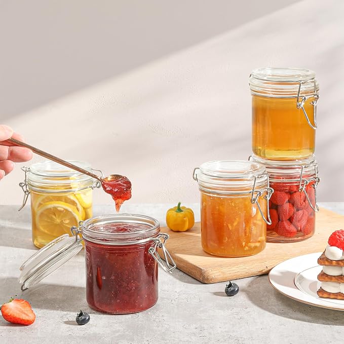 ComSaf 8oz Glass Jars with Airtight Lids (Set of 6), Cylindrical Jelly & Spice Jars for Pantry Organization, 240ml Small Canisters with Wire Clamp for Sourdough Discard, Jam, Honey & More
