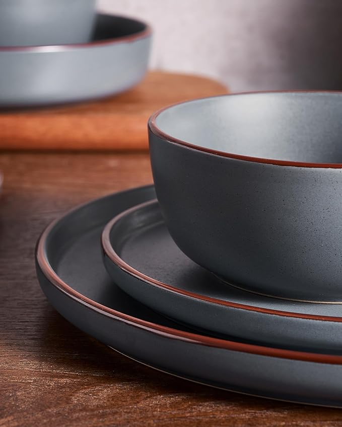 Famiware Mercury Dinnerware Sets with Pasta Bowls, Service for 6 (24 Pieces), Stoneware Plates and Bowls Sets, Microwave and Dishwasher Safe Dishes Set, Charcoal