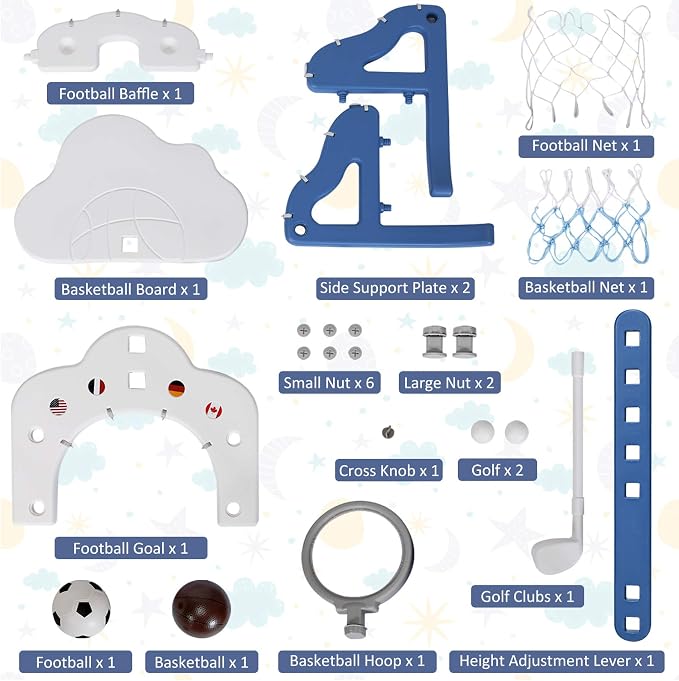 Costzon Kids Basketball Hoop, Toddler Sports Activity Center w/ 5 Adjustable Height Levels, Basketball Soccer Golf Game Set, Indoor Outdoor Basketball Hoop Set Gift for Baby Infant