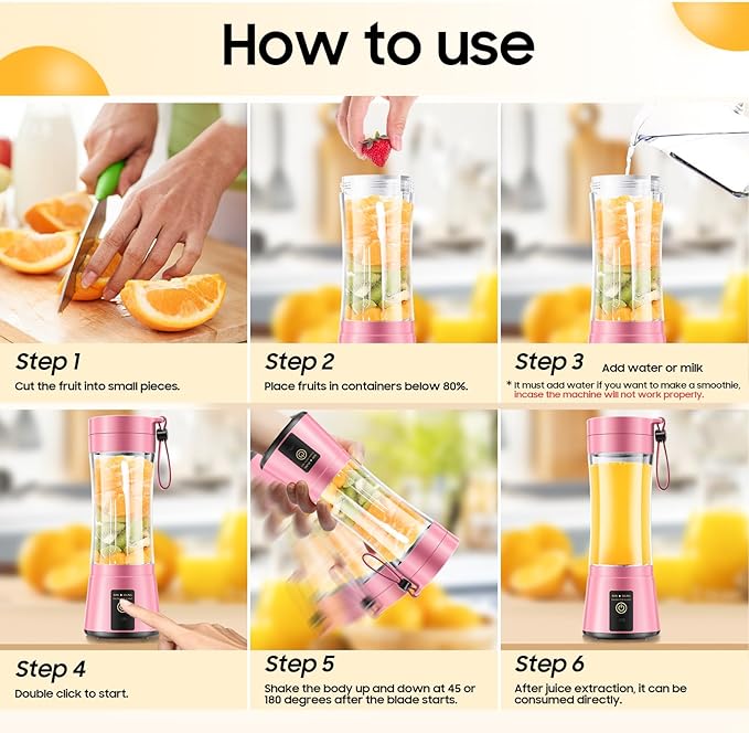 Portable Blender for Smoothies & Shakes - Cordless Personal Size Mini Blender with BAP Free Juice Cup, USB Rechargeable Suit for Sports/Picnic
