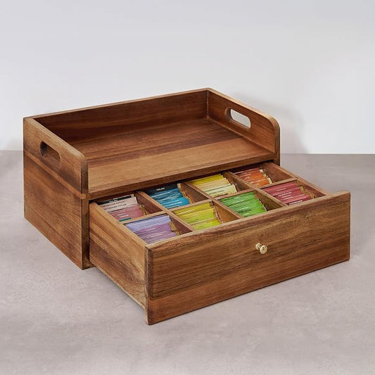Acacia Wood Tea Bag Organizer with Drawer - Tea Station Chest and Storage Box, Coffee and Teabag Holder with 8 Compartments, Containers and Boxes for Countertop Display