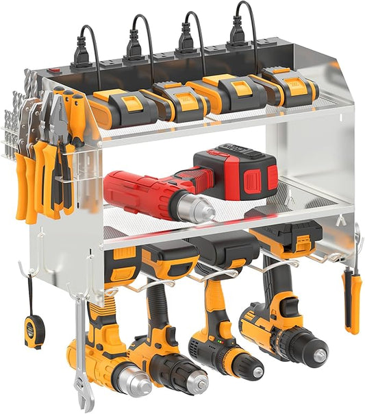 CCCEI Modular Power Tool Organizer Wall Mount with Charging Station. Garage Drill Storage Shelf with Hooks, Heavy Duty Rack, Tool Battery Holder Built in 8 Outlet. Gift for Men. Silver, 1 Pack.