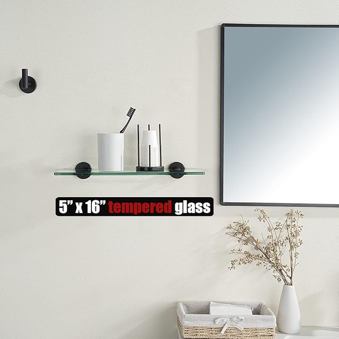 JQK Bathroom Glass Shelf Black, Tempered Glass Shower Storage 16 by 5 inches, 304 Stainless Steel Matte Black Wall Mount 2 Pack, TGS101L16-PB-P2