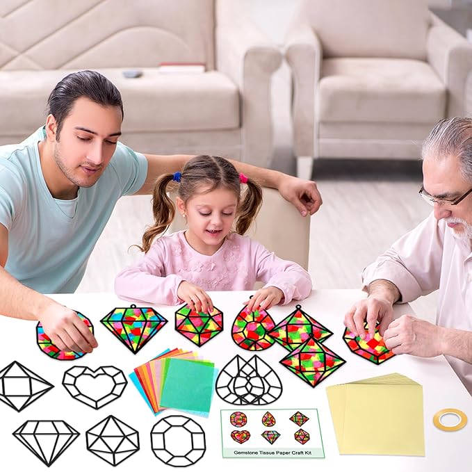 Qyeahkj 36 Set Jewel Suncatchers Crafts for Kids DIY Diamond Window Tissue Paper Craft Kit Jewel Hanging Decor for Summer School Home Activity Art Project Birthday Party Favor Gift