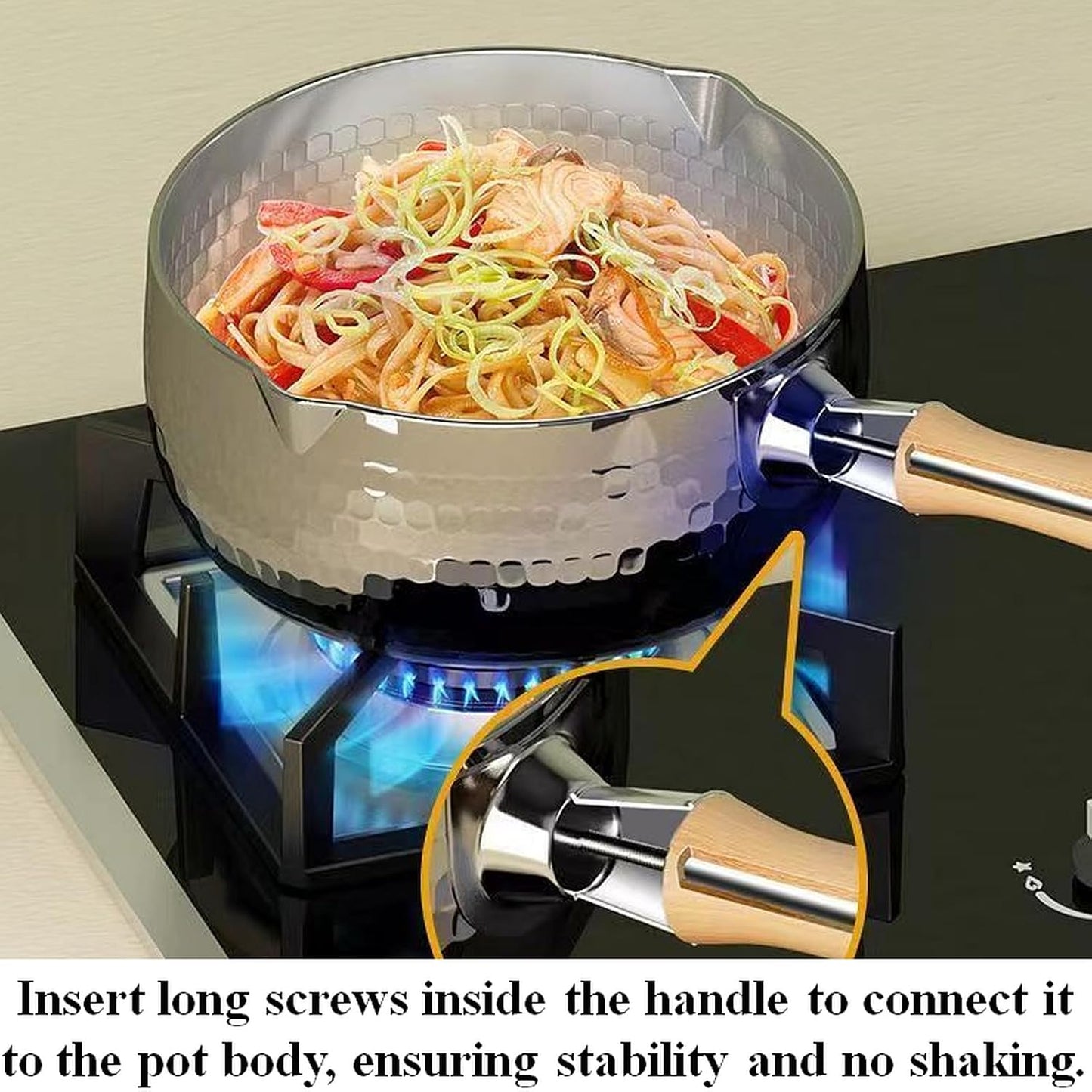 2.2 Quart Silver Stainless Steel Sauce Pot with Inverted Mouth, Solid Wood Handle, Hook, Lid, Suitable for Induction, Gas, Electric Stoves
