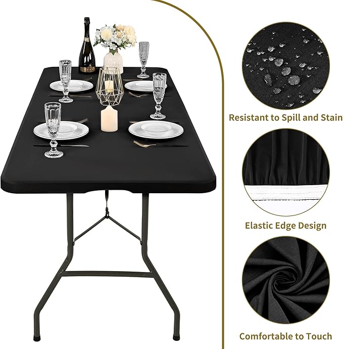 10 Pack Stretch Fabric Table Top Cap Cover, fits 6' Tables, Spandex Table Covers Washable Elastic Universal Rectangle Tablecloth Protector for Indoor Outdoor Party Picnic Wedding, Black, 30" W x 72" L