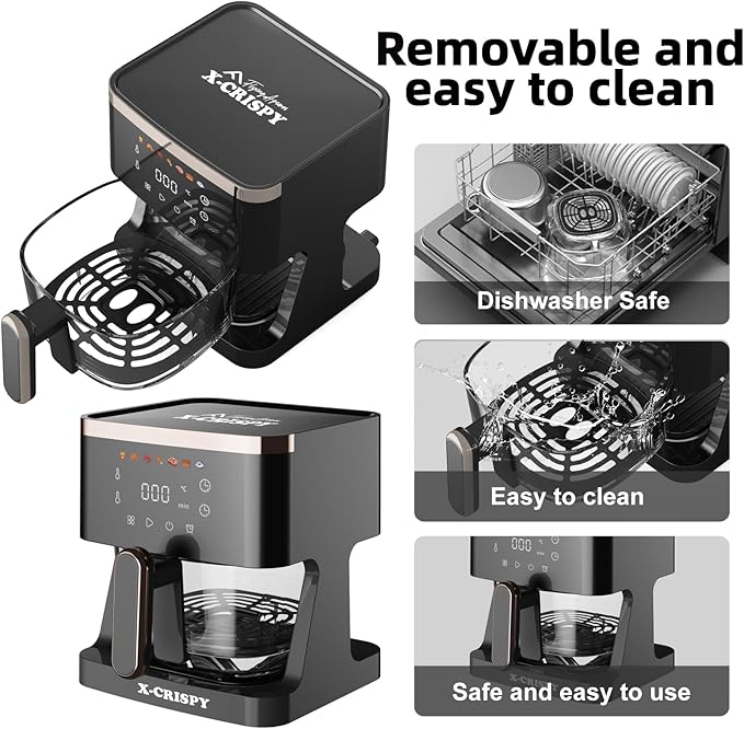 APSARAS USA Air Fryer Glass, 5.2QT Convection Oven Glass Air Fryer Non Toxic, Transparent Fry Bowl | Cook Shrimp, Steak, Fries, Wings, Chicken & More | Precise Temperature Control & Time