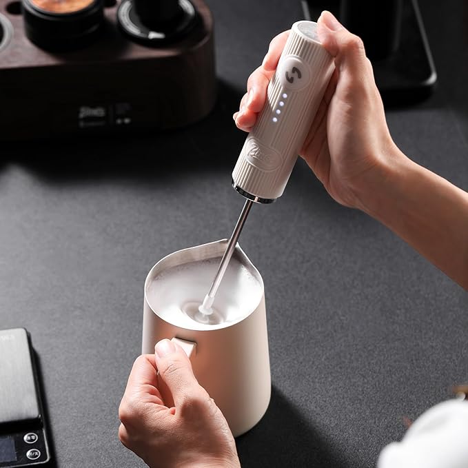 Bincoo Performance Milk Foamer - Dual Speed, Waterproof, Stainless Steel, Ultra Fast Handheld Drink Mixer - Create Barista Microfoam in 60 Seconds for Latte, Cappuccino & Coffee at Home (White)