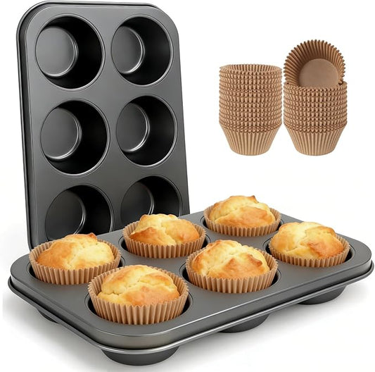 Artcochan 2 Pack Muffin Pan with 50 Cupcake Liners, Extra Large 6 Cup Nonstick Carbon Steel Cupcake Pan,Jumbo Muffin Tin for Baking Supplies