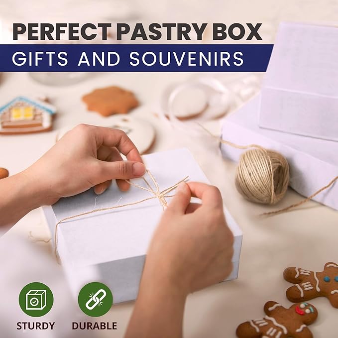 Fit Meal Prep 250 Pack White Bakery Boxes, 7 x 7 x 3 Inches Kraft Lined Pastry Boxes - Perfect for Cupcakes, Chocolates, Donuts and More