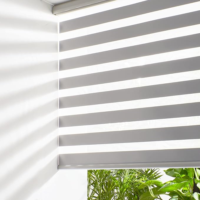 Persilux Cordless Zebra Roller Window Shades Free-Stop Roller Blinds (46" W X 47" H, Grey) Light Control for Day and Night, Light Filtering Sheer Roller Shades for Windows, Easy to Install