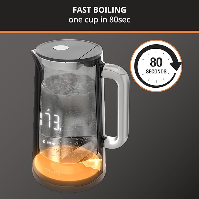 KRUPS Smart Temp Electric Kettle: 1.7L Capacity, 5 Precise Temperature Settings, Digital Display, Cool-Touch Exterior, Cordless Design for Tea and Coffee Lovers