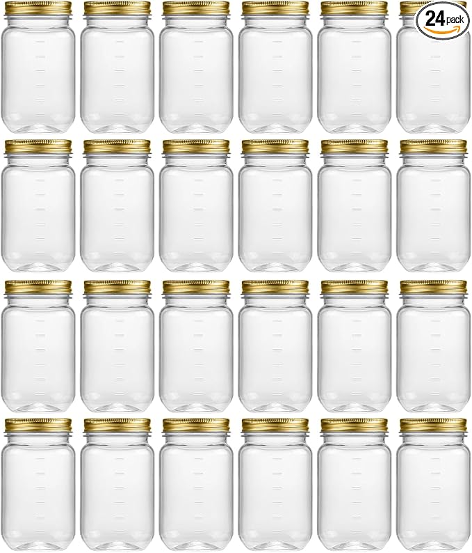 novelinks 16 oz Clear Plastic Jars with Lids, Refillable 16oz Mason Jars with Lids & Storage Containers for Kitchen & Household Use (24 Pack,Gold)