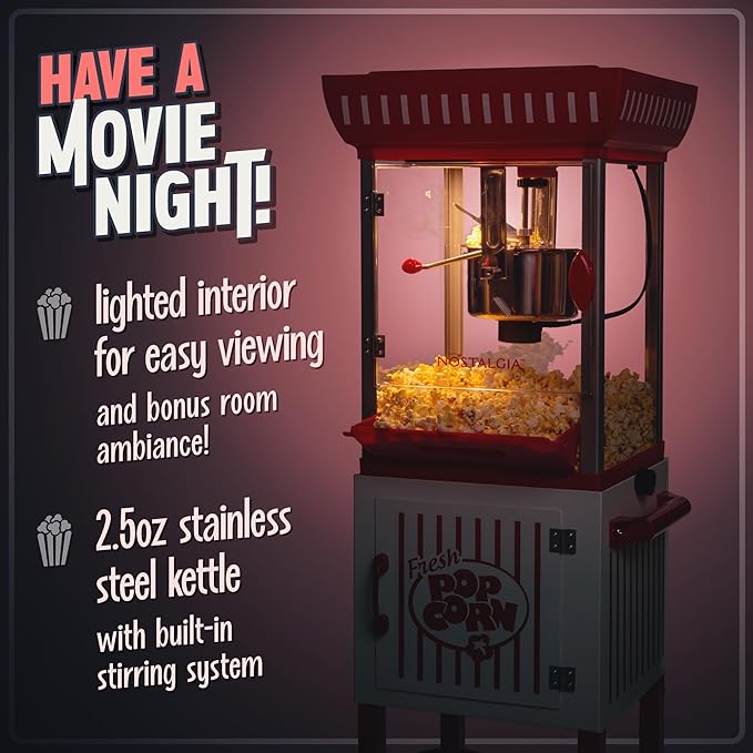 Nostalgia Popcorn Maker Machine - Professional Cart With 2.5 Oz Kettle Makes Up to 10 Cups - Vintage Popcorn Machine Movie Theater Style - Red & White