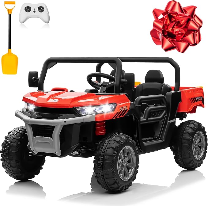 24V 4WD Ride on Truck Car w/4X200W Motor, Dump Bed, Gift Flower, 2 Seaters, Remote Control, 4 Wheeler, LED Light, Music, 24 Volt Ride on Toys for Big Kids Girls 3-8, Red