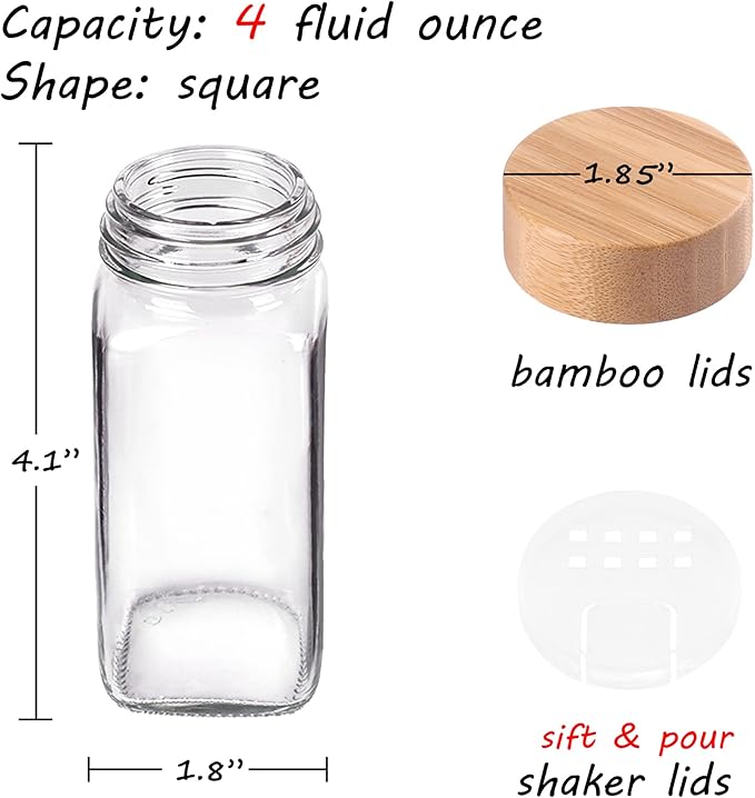 Churboro 36 Spice Jars with Labels- Spice Jars with Bamboo Lids - 4 Oz Glass Spice Containers with Shaker Lids, 547 Spice Labels of 3 Different Types Seasoning Jars for Spice Rack, Cabinet, or Drawer