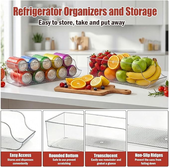 2 Pack Soda Can Organizer, Drink Organizer for Fridge, Clear Kitchen Pop Can Storage Organizer Soda Dispenser for Refrigerator Pantry