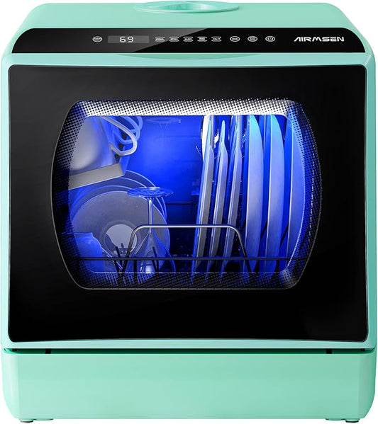 AIRMSEN Portable Countertop Dishwashers, 5 Washing Programs Mini Dishwashers with 5 L Built-in Water Tank and Double-layered Glass Door, No Hookup Needed for Home, Apartments & RVs