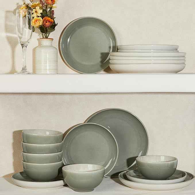 Plates and Bowls Sets for 8, 24 Piece Dinnerware Set for Large Families & Entertaining, Elegant Design, Dishwasher & Microwave Safe, Chip Resistant and Durable, Gray Green