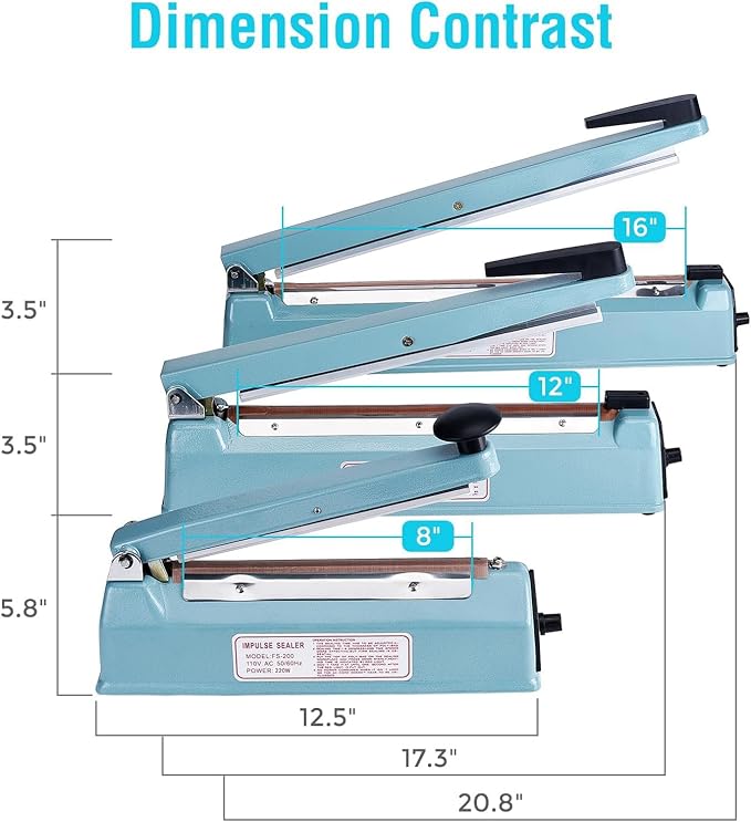 METRONIC Impulse Sealer 8 inch, Manual Heat Sealer Machine for Plastic Bags, Shrink Wrap Bag Sealers Heavy Duty Sealing Machine With Repair Kit (Blue)