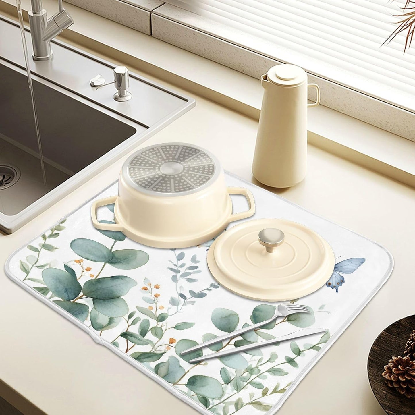 Spring Eucalyptus Green Leaf Dish Drying Mat for Kitchen Counter Absorbent Microfiber Small Drying Pad Dish mats for Kitchen Countertops 16 x 18 Inch