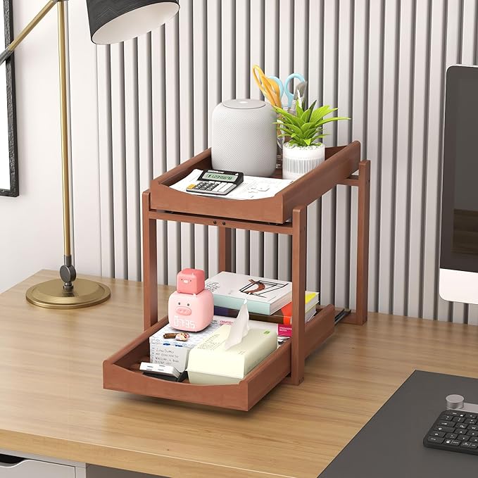 MHXW SXPN Bamboo Under Sink Organizer and Storage, Pull Out Cabinet Organization, 2 Tier Vertical Slide Out Undersink Storage Shelf, Organizer Shelves for Kitchen Bathroom Medicine (Brown, 2 Pack)