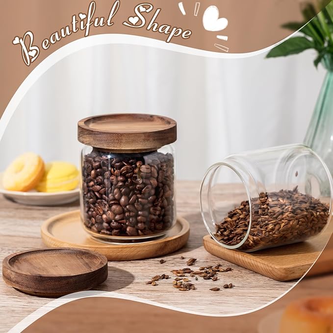 Irenare 8 Pack Glass Containers Canister Set, 17 oz Food Storage Spice Jars with Airtight Lids, Clear Kitchen Containers for Coffee Sugar Tea Beans Nuts Candy Pantry Organization (Wood)