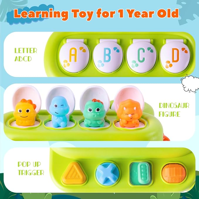Cause and Effect Pop Up Dinosaur Baby Toy 6-12 Months, Sensory Early Learning Fine Motor Skills Toy for Toddler Boy Girl 9 11 Months